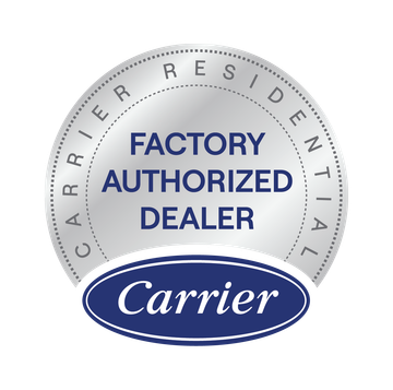 Carrier Factory Authorized Dealer seal. Silver circle with blue text, 