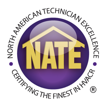 NATE certification logo: Purple circle with gold 