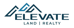 Logo for Elevate Land | Realty; features mountains and text in teal and white.