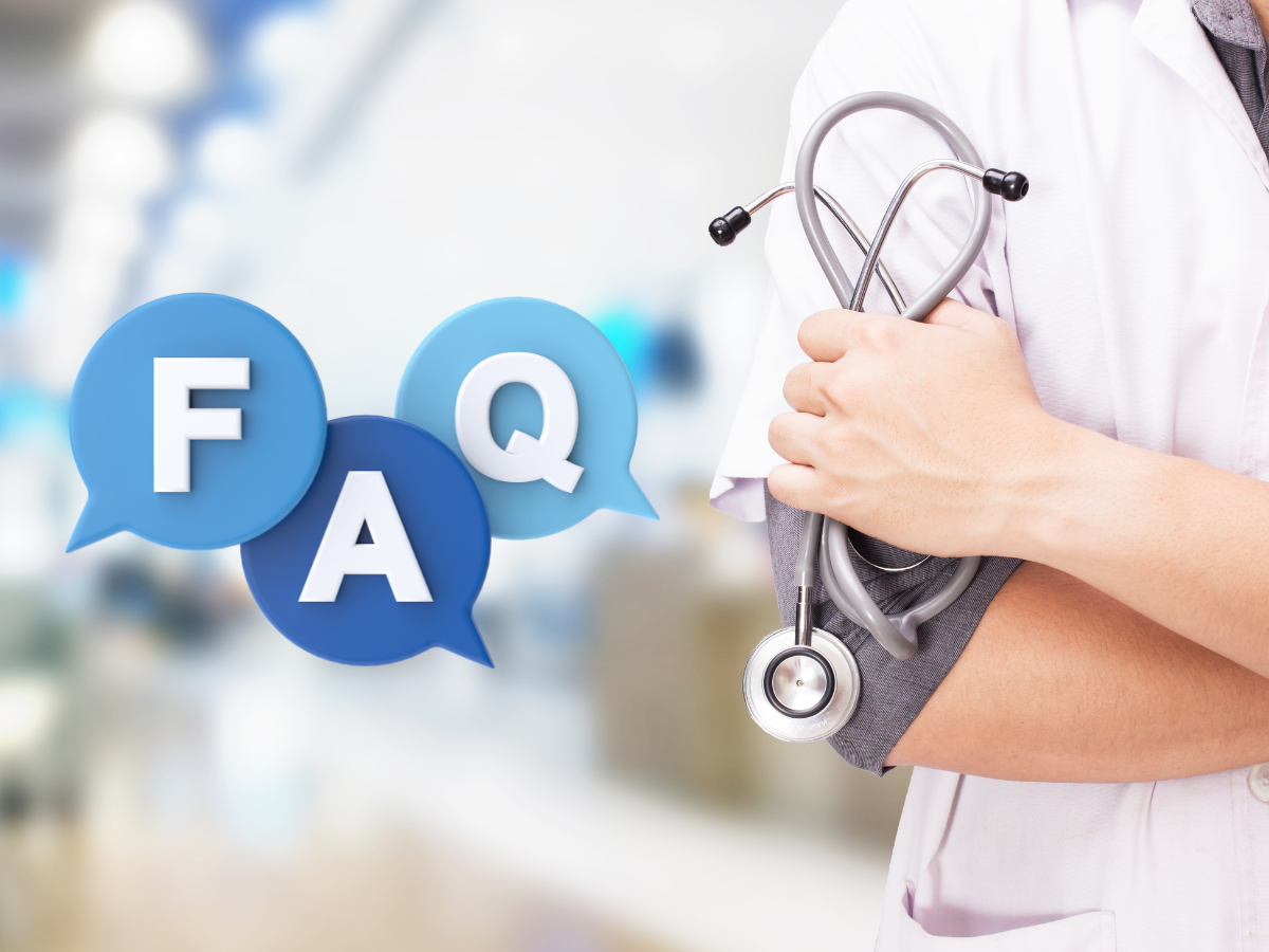 A doctor is holding a stethoscope with the letters FAQ spelled out