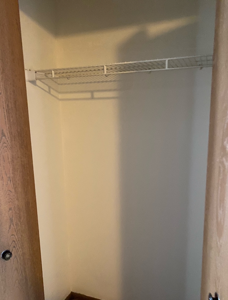 An empty closet with a wire rack and a wooden door.