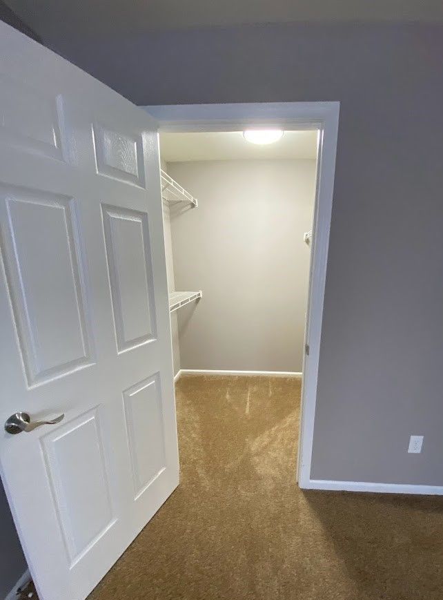 A walk in closet with a white door and brown carpet.