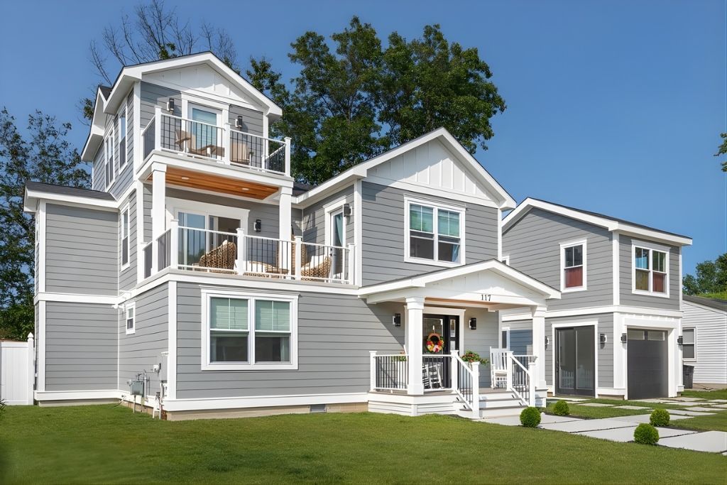 Gray and white three-story house with multiple balconies, a front porch, and garage, set on a green lawn against a blue sky.