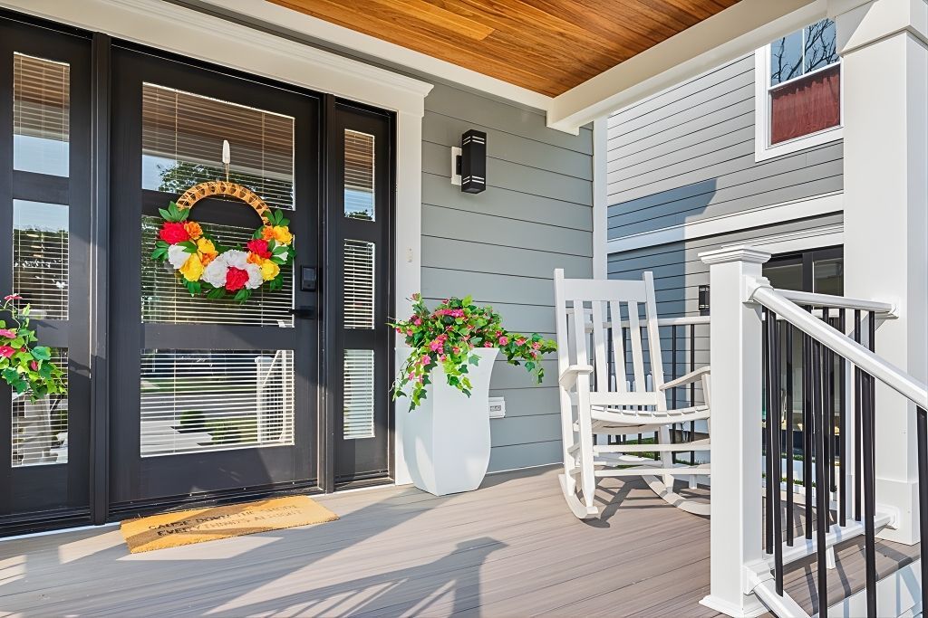 Porch with black door and glass panels, wreath, white rocking chair, gray siding, and a flower pot.