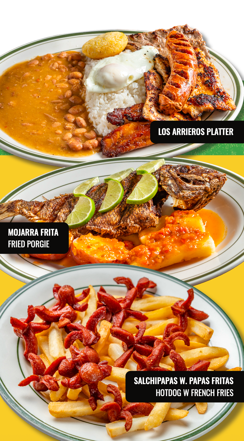 A collage of three plates of food on a yellow background.