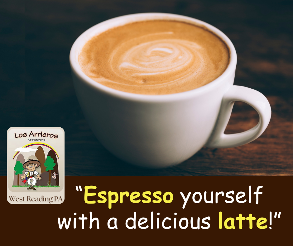 A cup of coffee with the words espresso yourself with a delicious latte