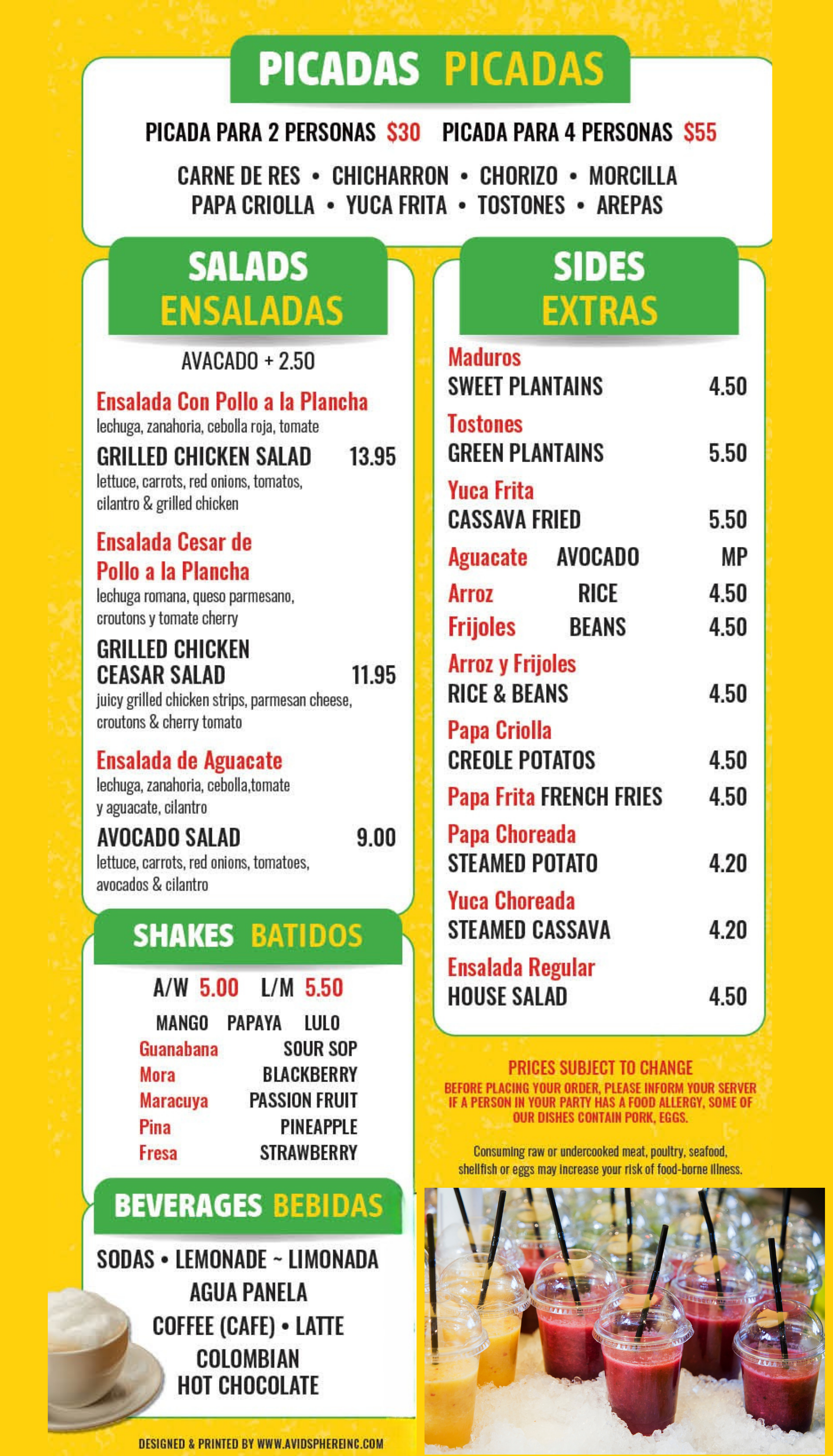 A menu for a Colombian restaurant called picadas picadas
