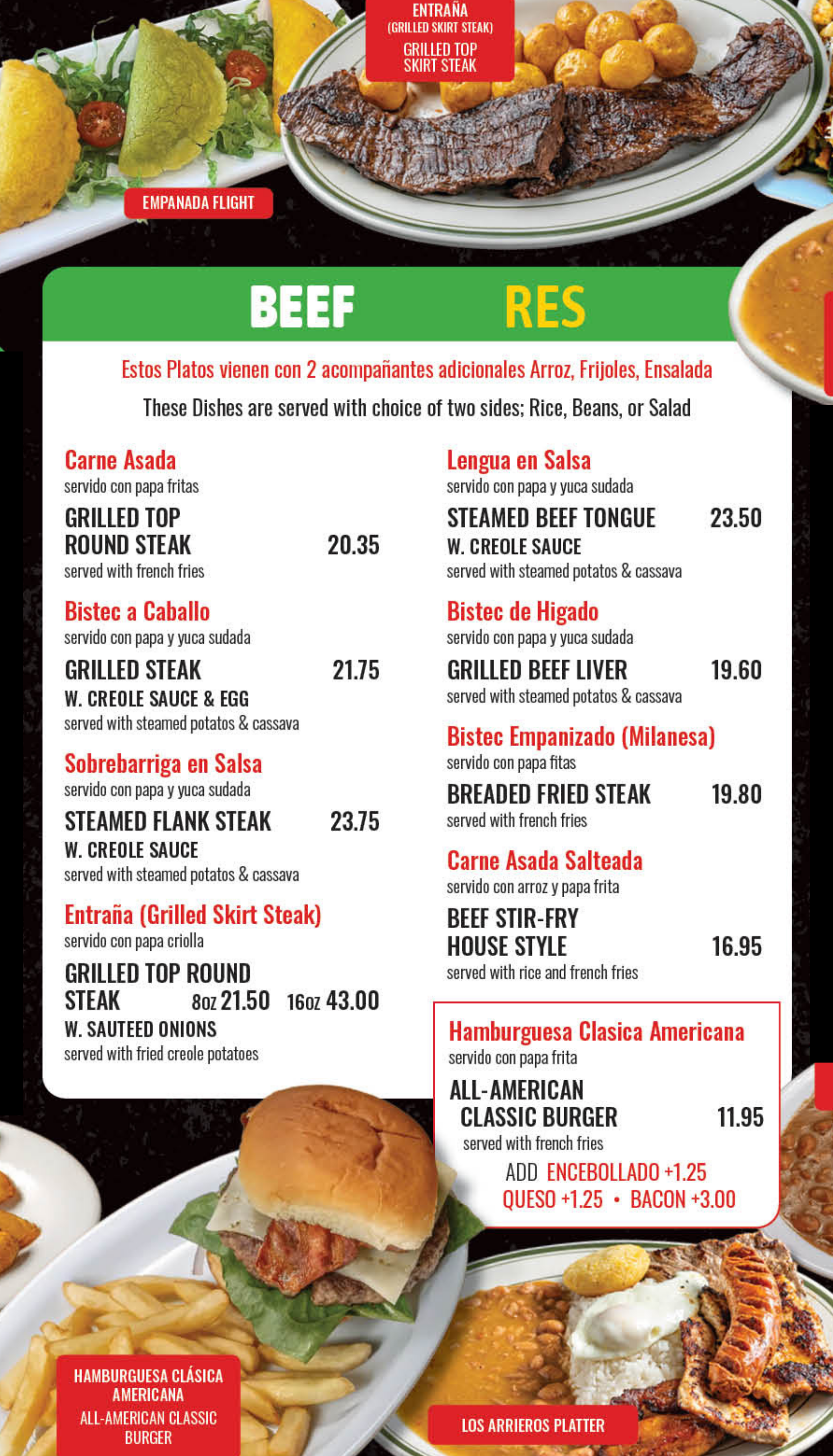 A menu for a Colombian restaurant shows a variety of food including beef and res.