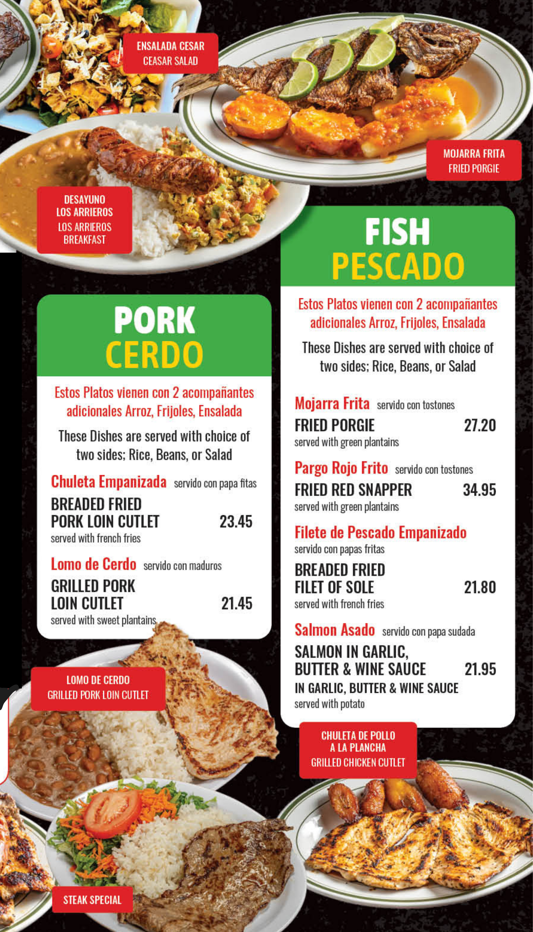 A menu for a Colombian restaurant shows a variety of food including pork cerdo and fish pescado.