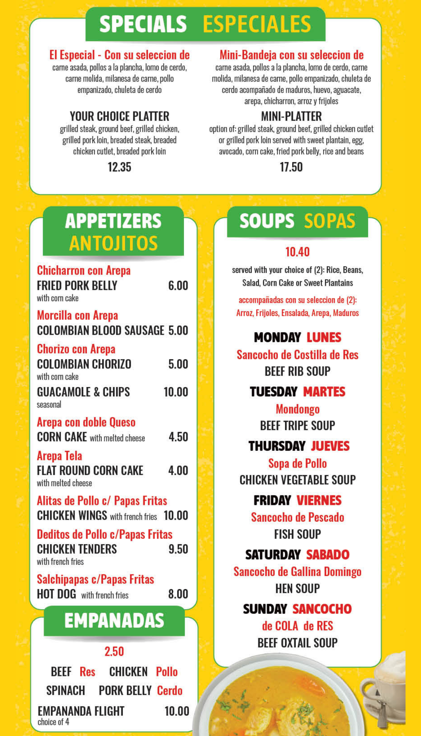 A menu for a Colombian restaurant with appetizers and soups