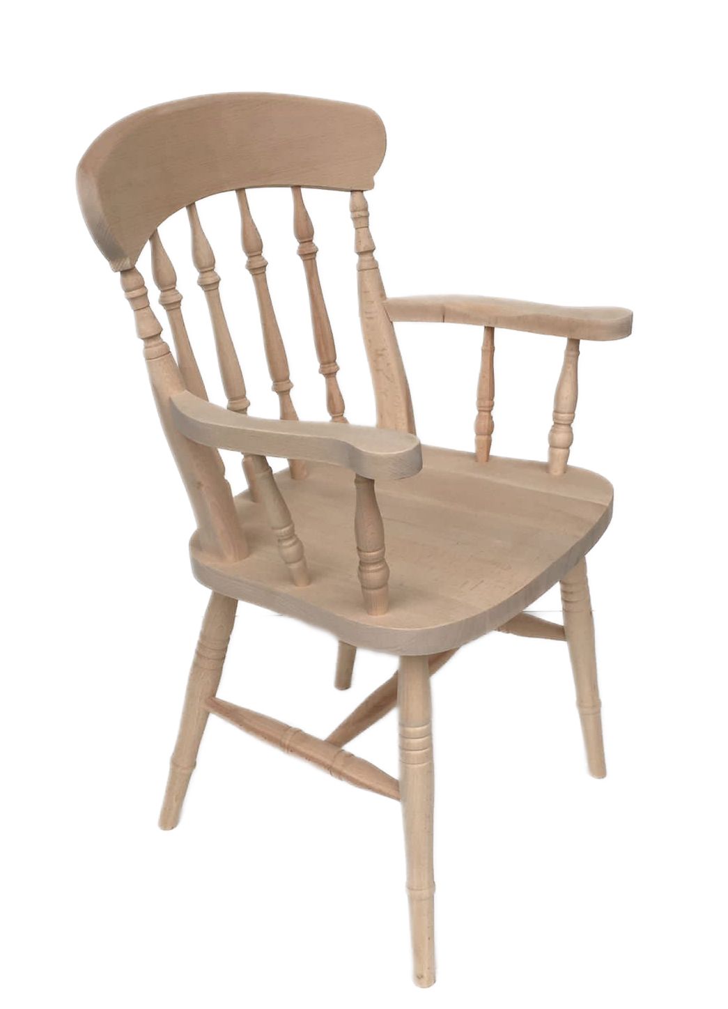 Spindle back farmhouse carver dining chairs, also available in slat back and fiddle back.