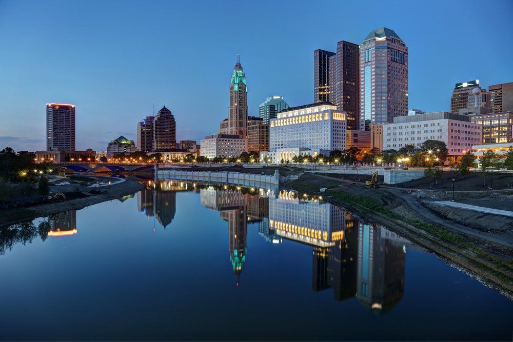 Columbus Ohio skyline at dusk over the Scioto River