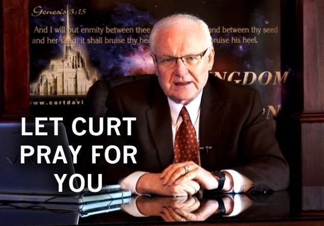 A man, Curt, in a suit, behind a desk, offering prayer. Text: