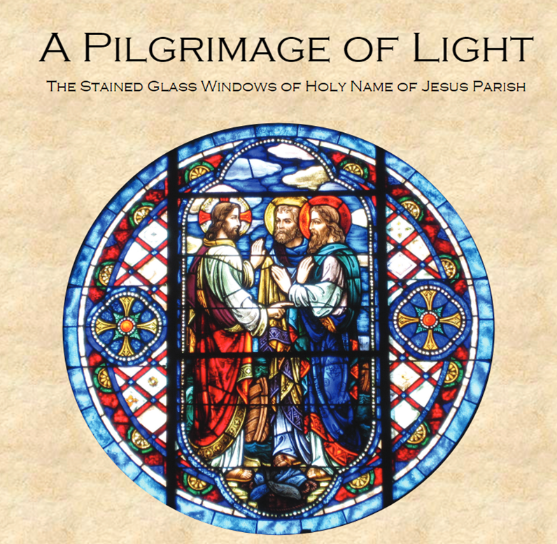 A book called a pilgrimage of light has a stained glass window on the cover