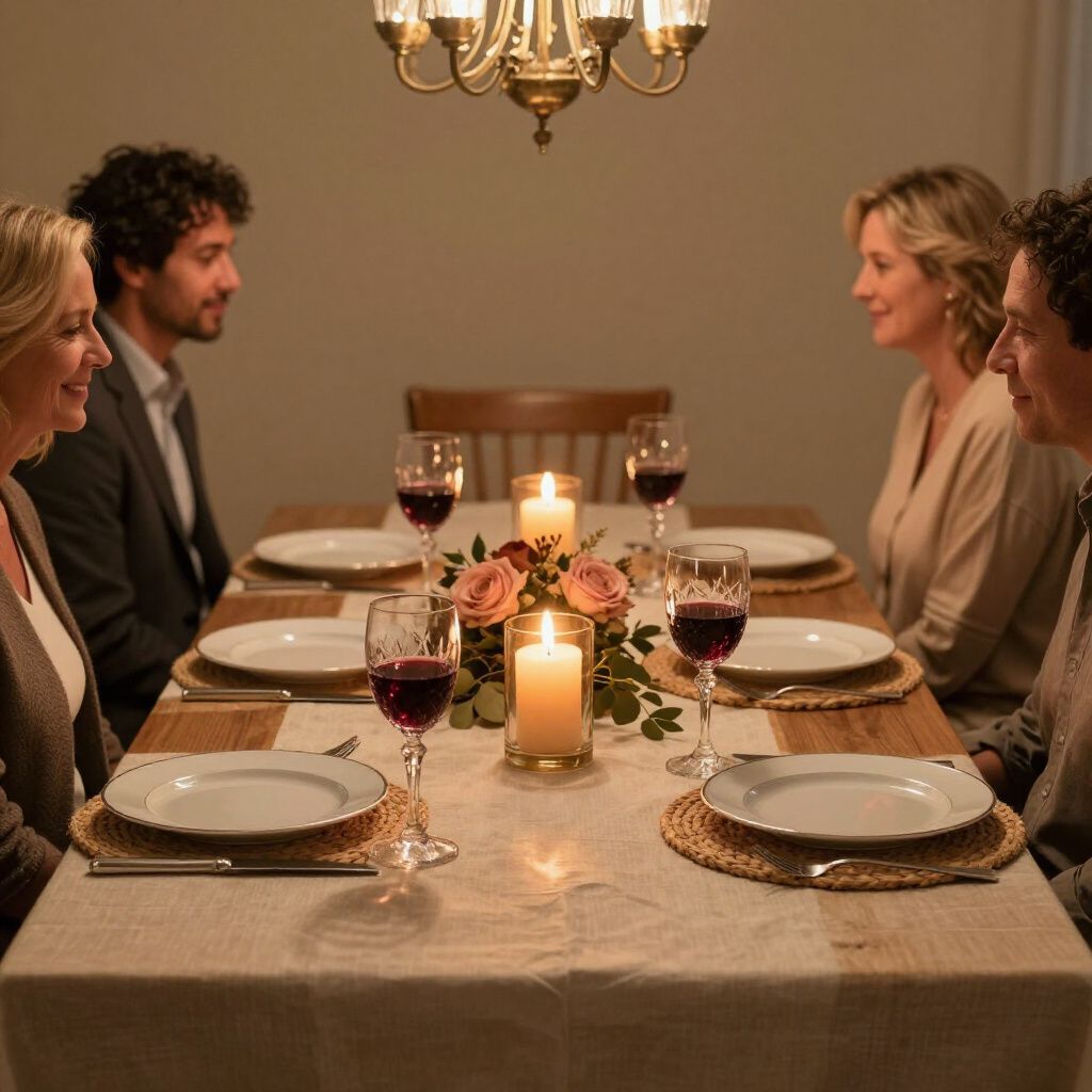 Four people seated at a candlelit dining table, two on each side, with wine glasses and plates.