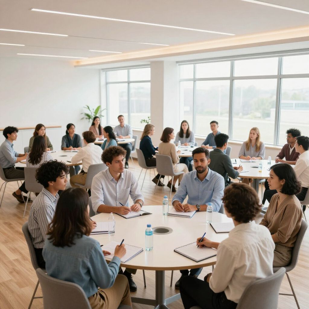 People sitting around tables in a brightly lit room, likely a meeting or workshop.