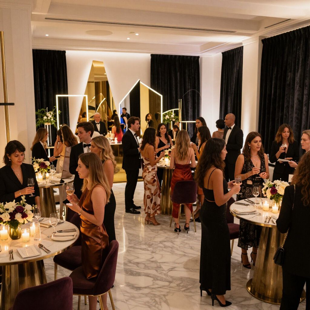 Elegant event: guests in formal attire mingle at tables with floral centerpieces and drinks.