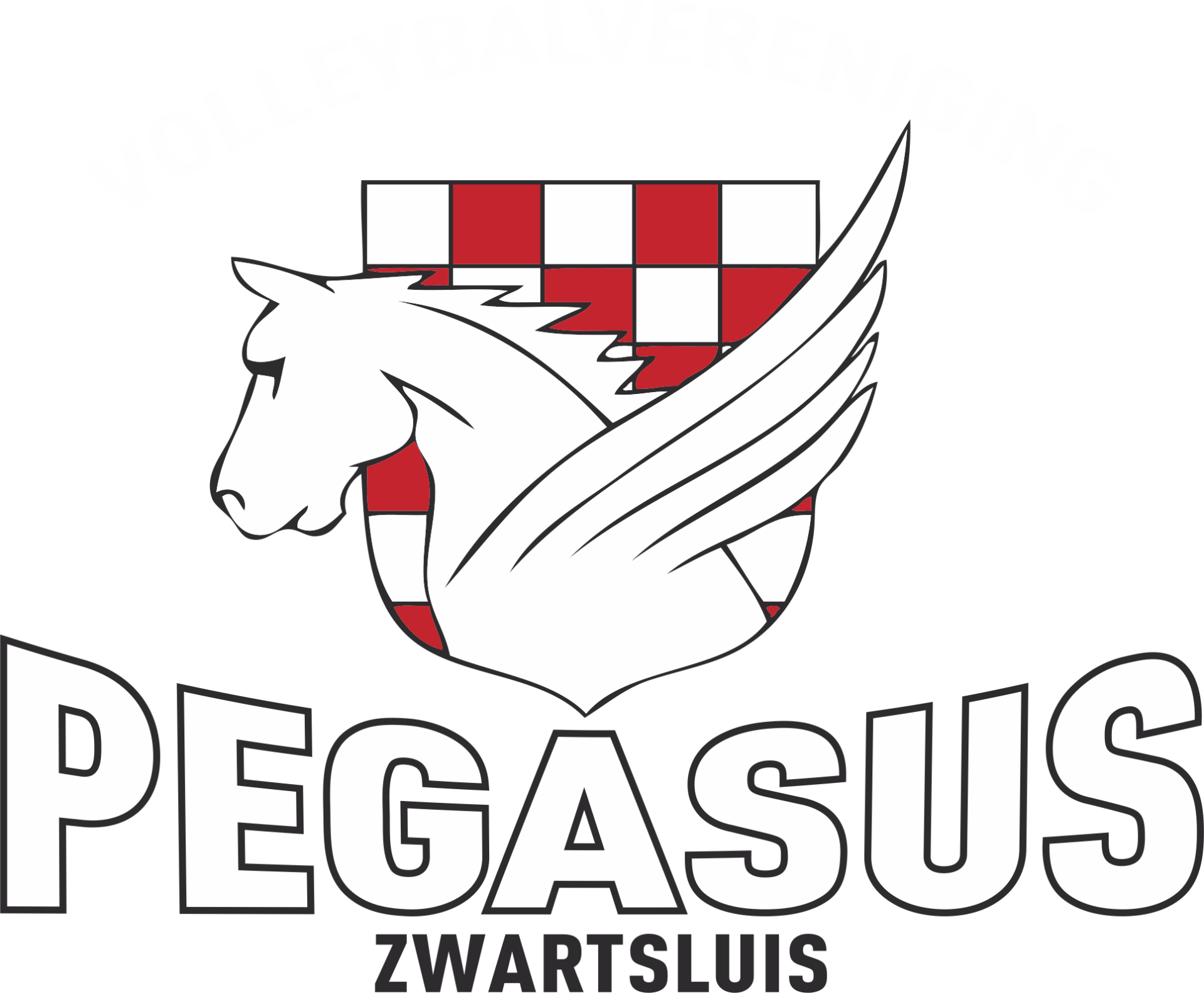 Logo van Pegasus Zwartsluis, een gevleugeld paard met een rood-wit geblokt wapen boven het woord 
