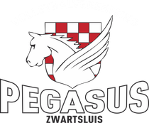 Logo van Pegasus Zwartsluis, een gevleugeld paard met een rood-wit geblokt wapen boven het woord 