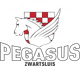 Logo van Pegasus Zwartsluis, een gevleugeld paard met een rood-wit geblokt wapen boven het woord