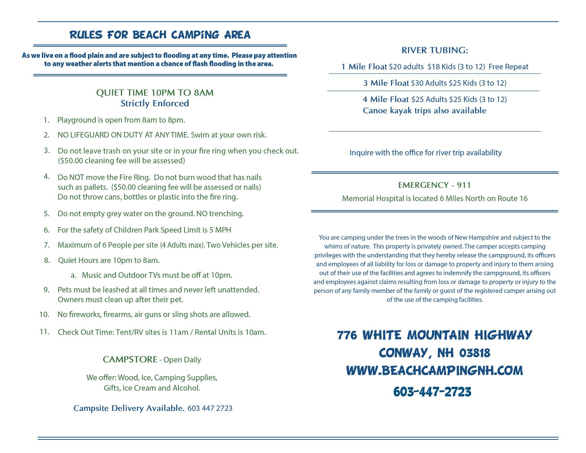 A blue and white page with rules for beach camping area on it