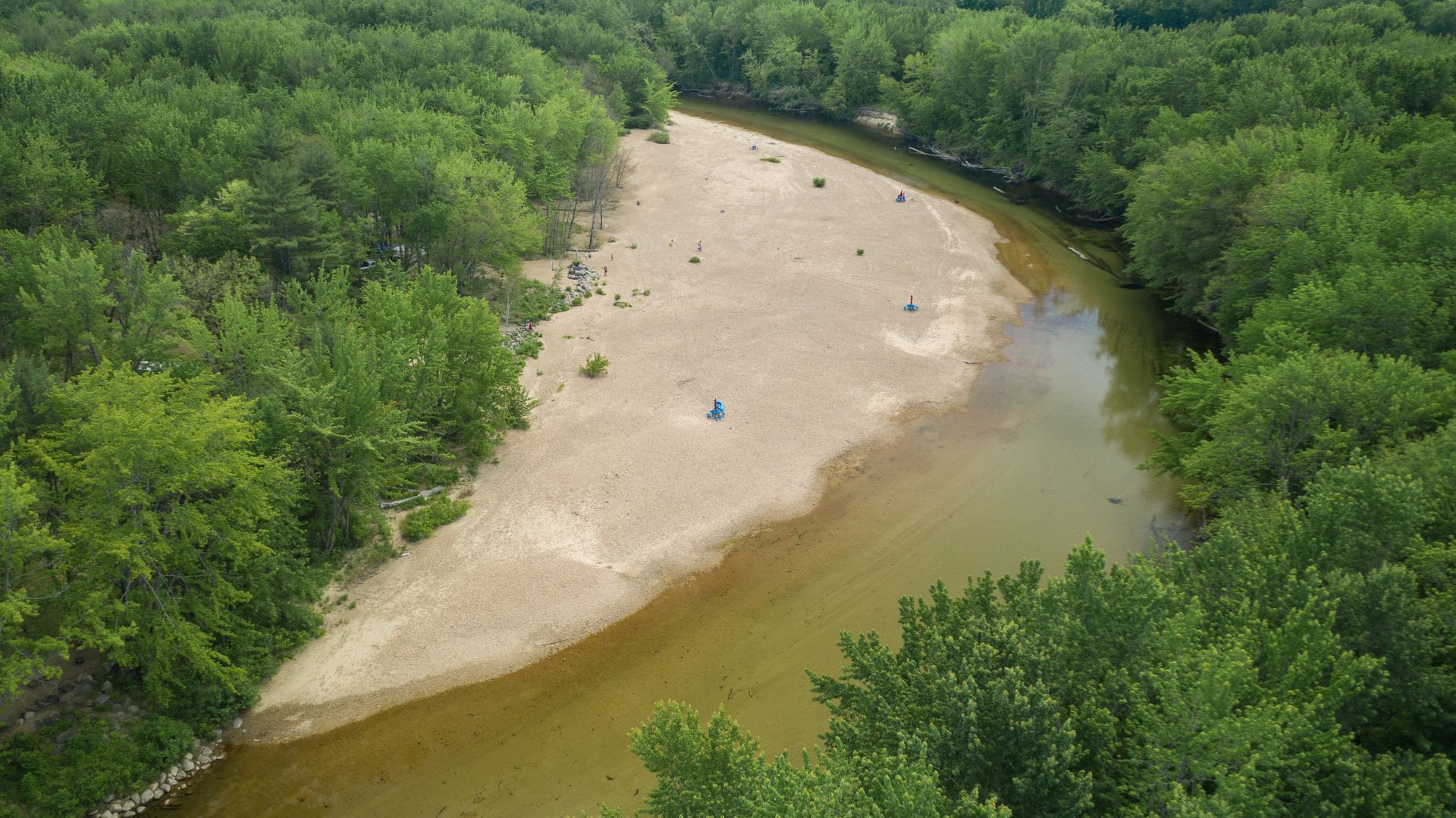 An aerial view of a river surrounded by trees and sand.