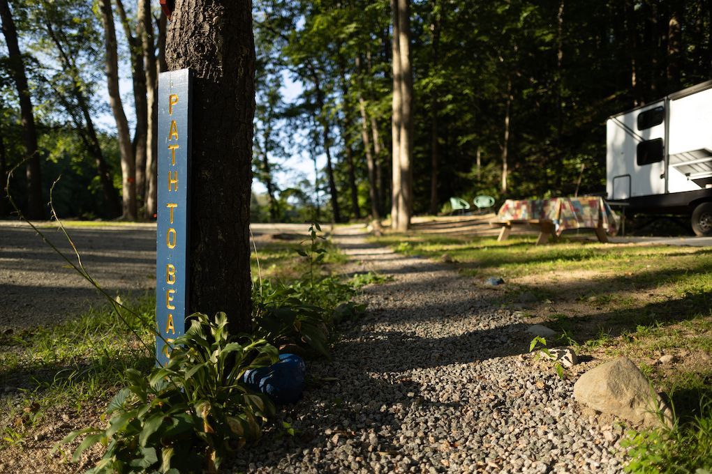 A rv is parked in a campground next to a tree.