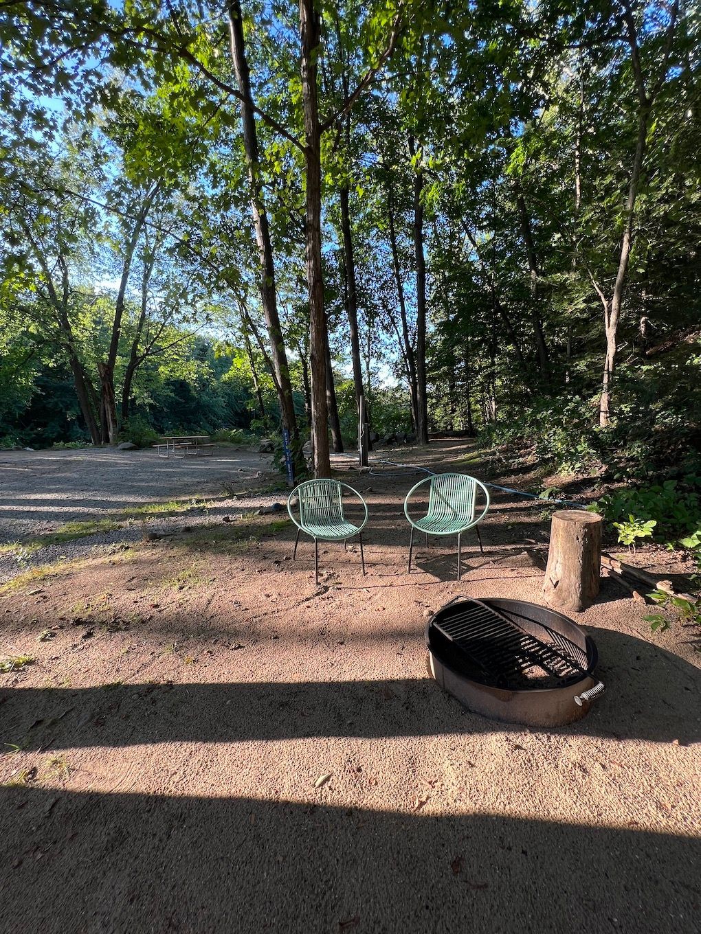 Two chairs are sitting next to a fire pit in the middle of a forest.