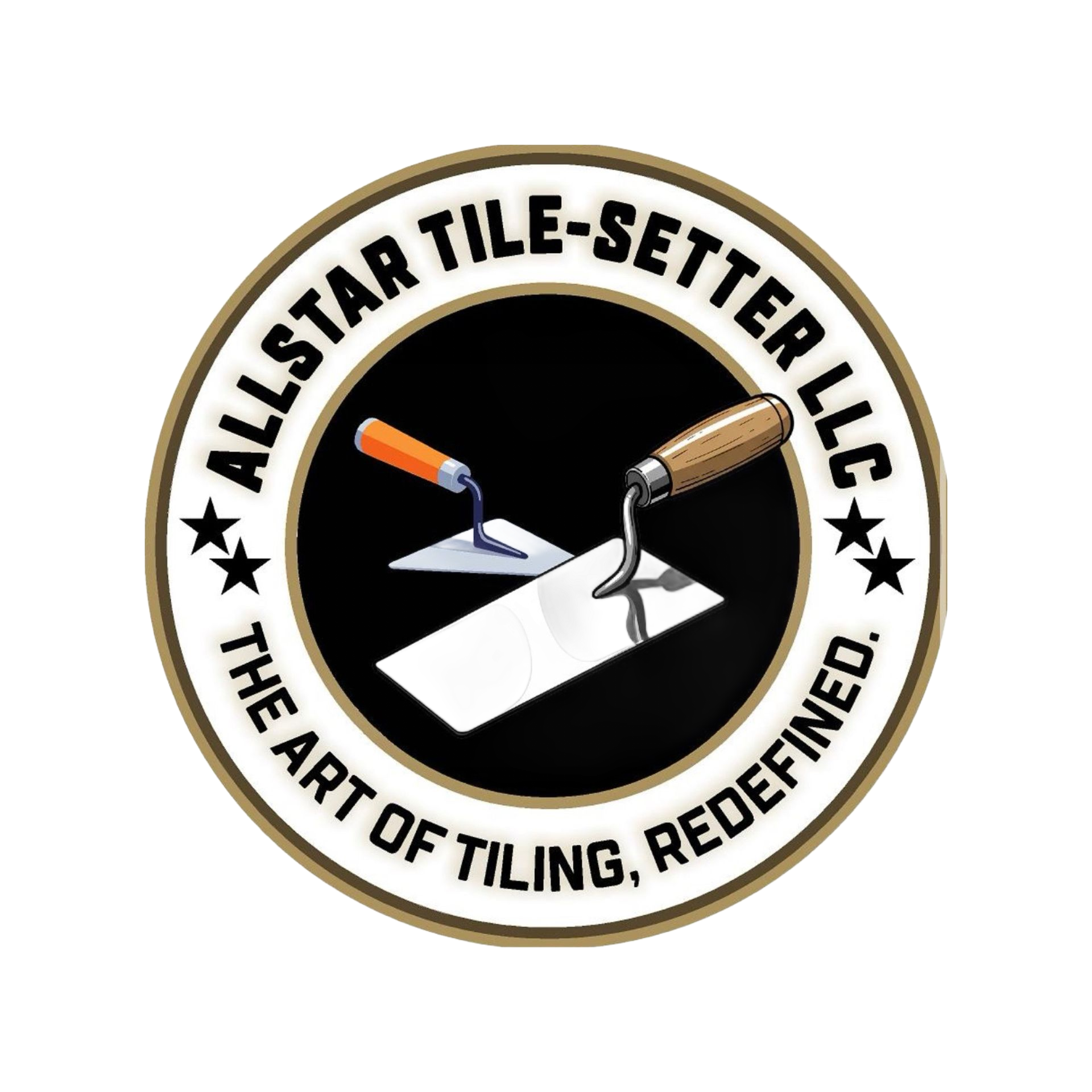 Logo for Allstar Tile-Setter LLC: Two trowels on a white tile in a black circle with company name and tagline.