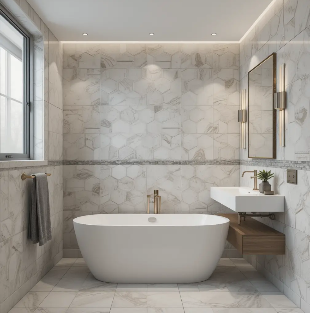 Modern bathroom with white oval tub, marble tiles, floating sink, and gold fixtures.