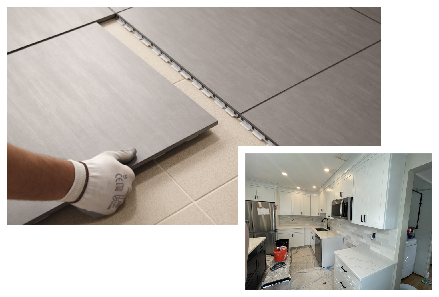 Installing gray tiles on a floor, kitchen remodel in progress.