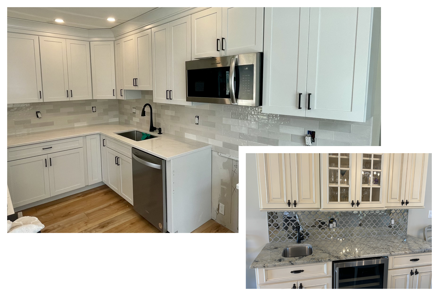 Two white kitchens: one with a microwave, the other with glass-front cabinets and wine cooler.
