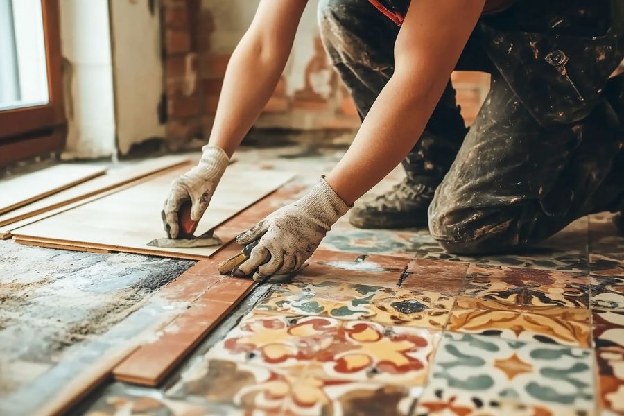 A man is kneeling down to install a tile floor.