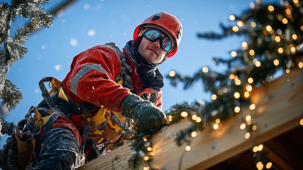 A man is decorating a roof with christmas lights.