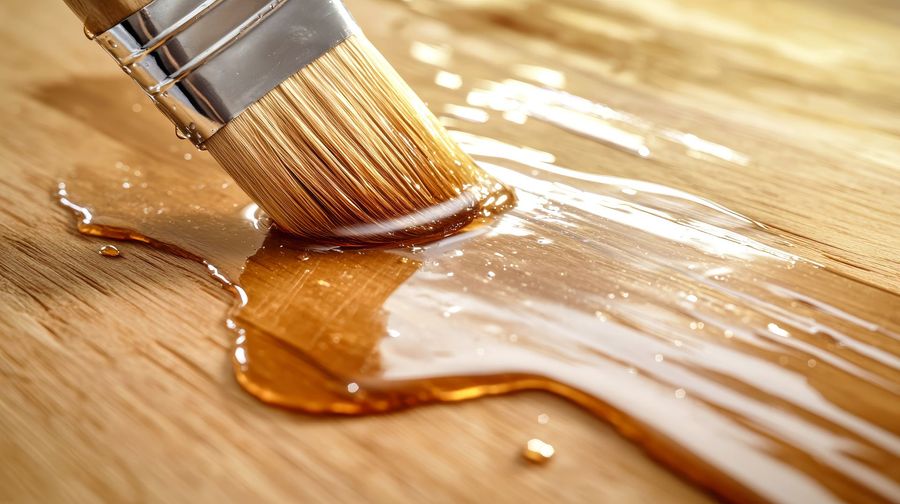 A brush is applying wood stain to a wooden surface.