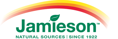Jamieson logo with green text and leaf, rainbow arch,