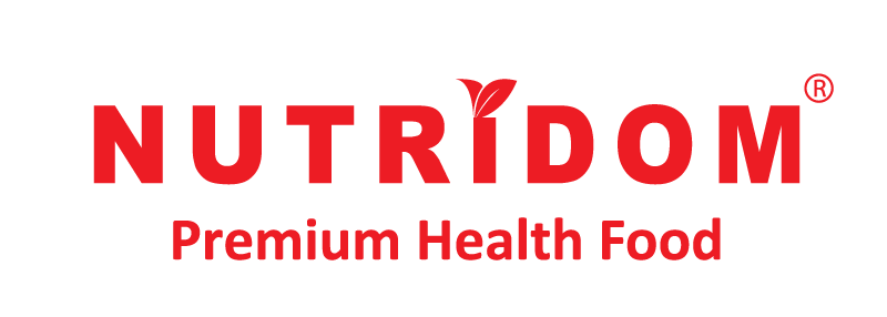 Logo for Nutridom. Red text with a leaf icon above