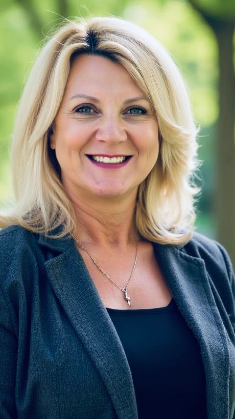 A woman is sitting at a desk with a laptop and a vase of flowers.