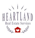 Heartland Real Estate Services logo: gray text, red house with heart, laurel wreath, sunburst.