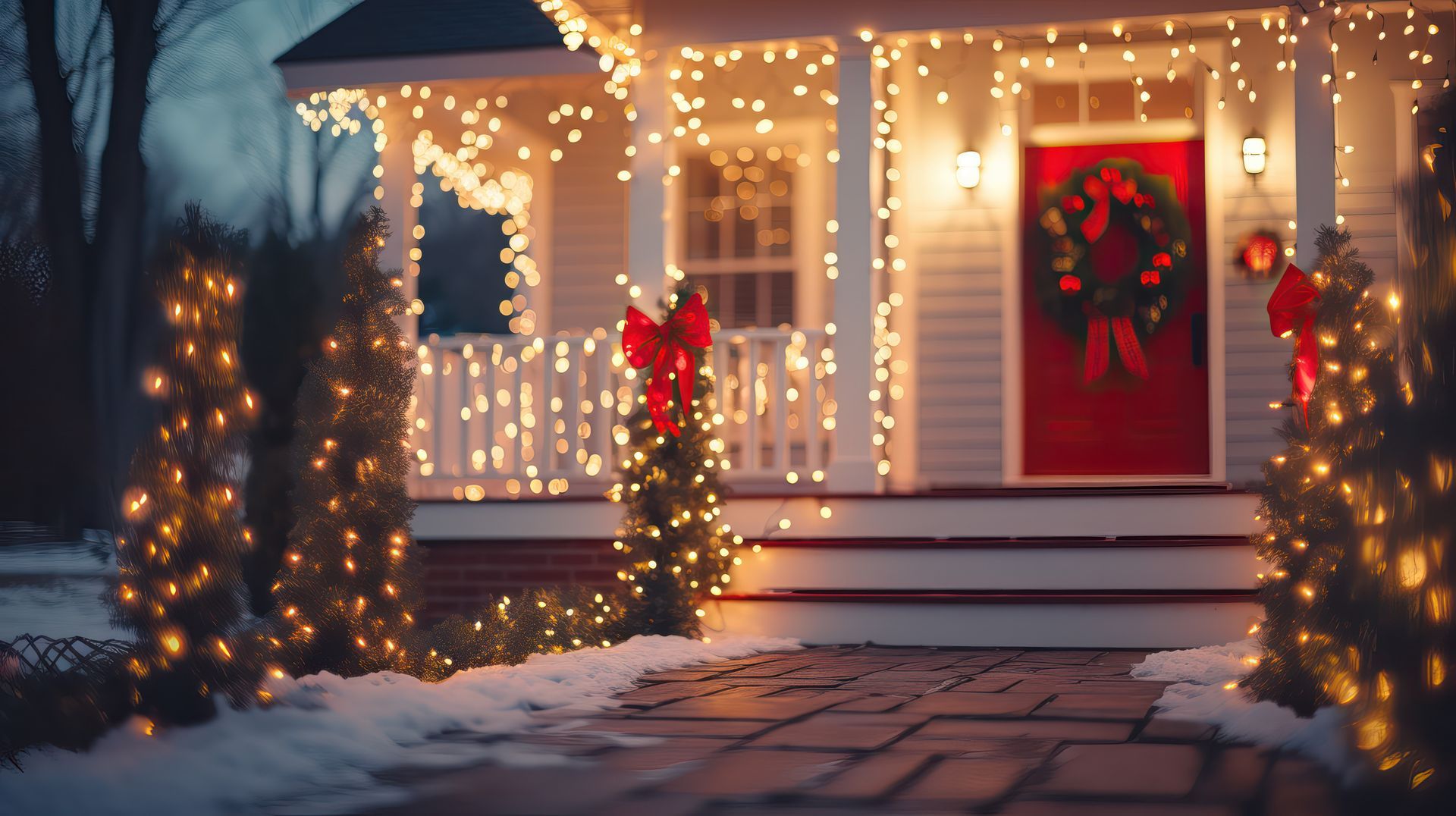 Festive house with string lights and wreath on a red door; snowy path.