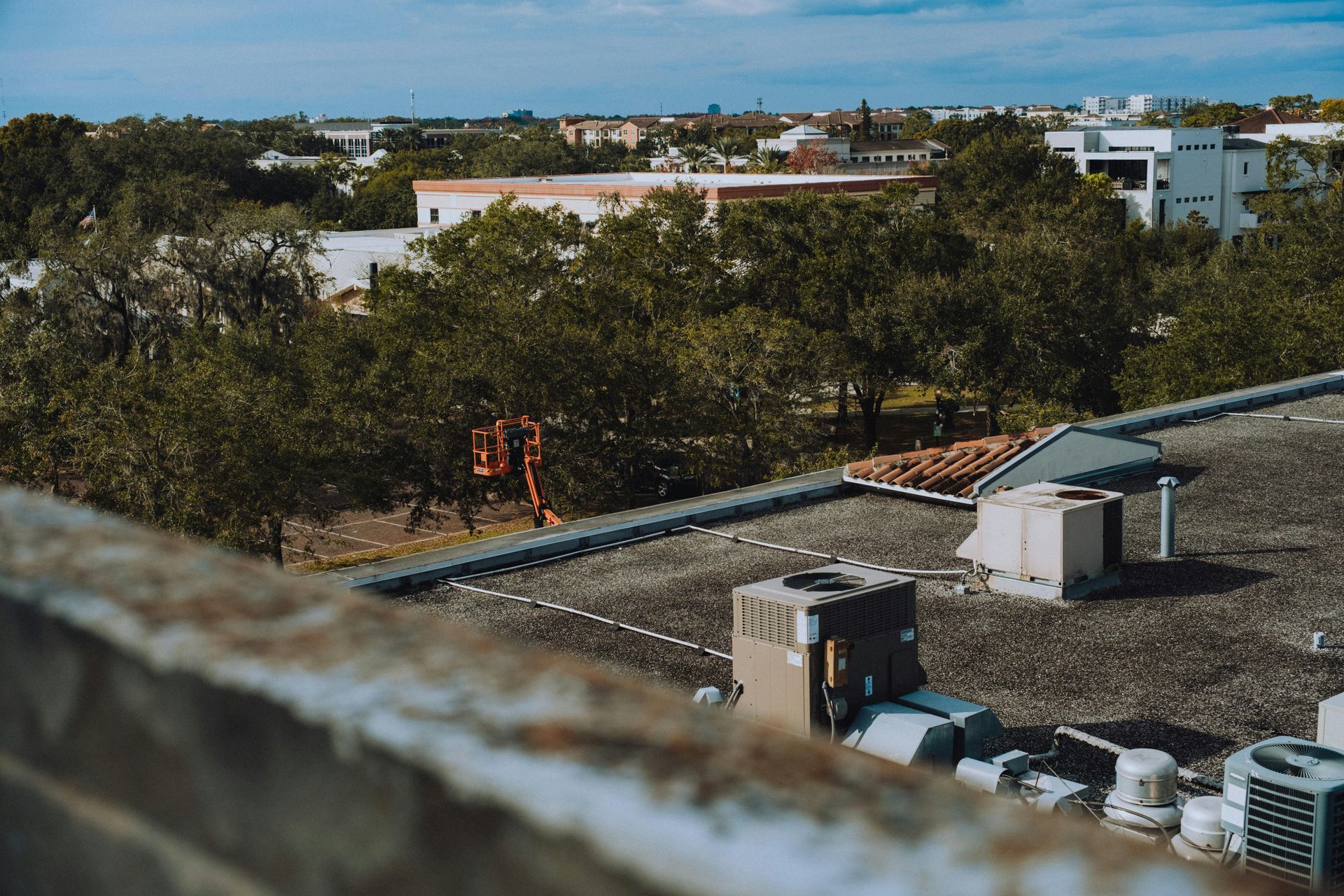 Rooftop view of trees, buildings, and cooling units against a blue sky.