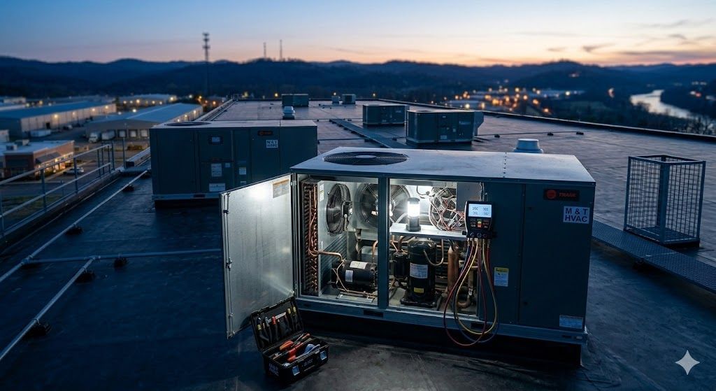 HVAC unit open on a rooftop at dusk; interior lights illuminate components. City and water in background.
