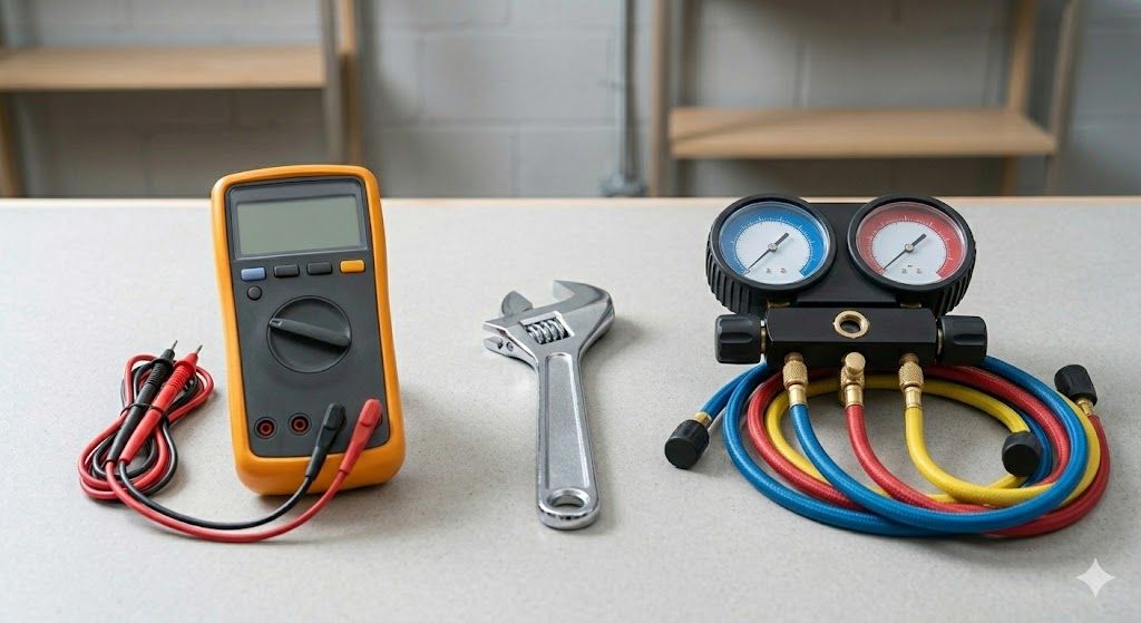 A multimeter, adjustable wrench, and refrigerant gauge set on a white surface, indoors.