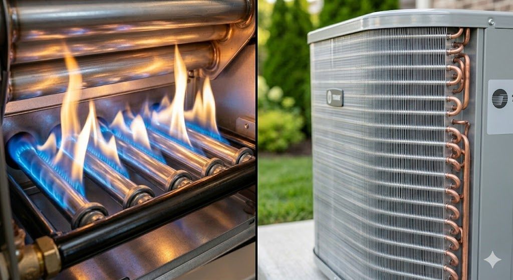 Gas grill flames and an outdoor AC unit.