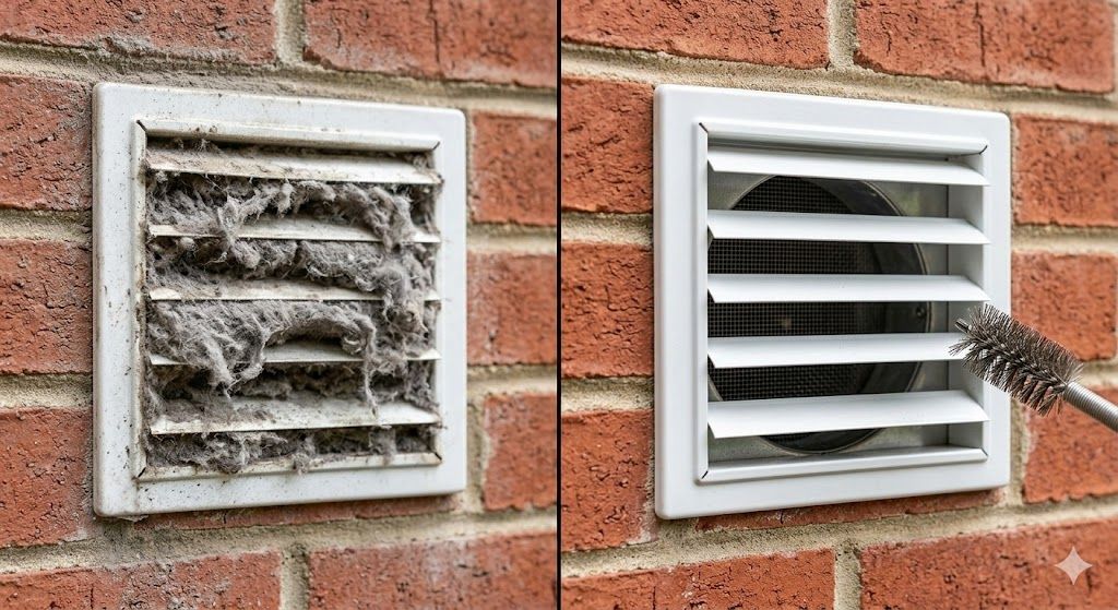 Dirty and clean dryer vent covers on brick wall, before and after cleaning with a brush.
