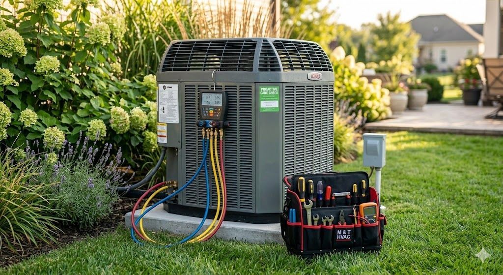 HVAC unit being serviced outdoors, with toolbox and hoses, on a grassy lawn with a house in the background.