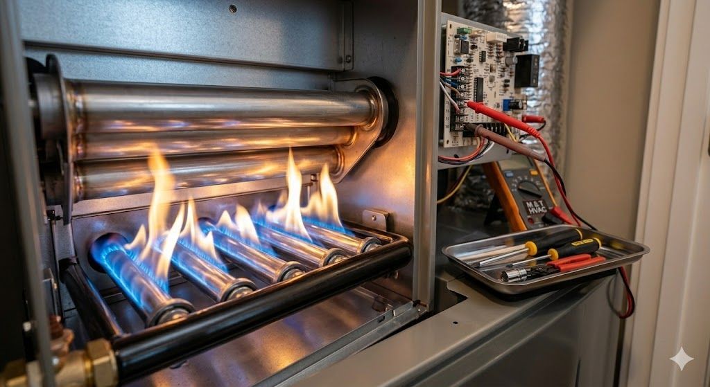 Furnace with blue flames lit, open for service. Tools and circuitry visible.