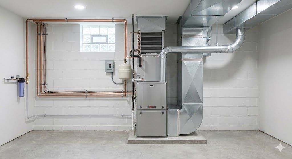 Furnace and ductwork in a white-walled basement. Copper pipes run along the wall, with a small window visible.