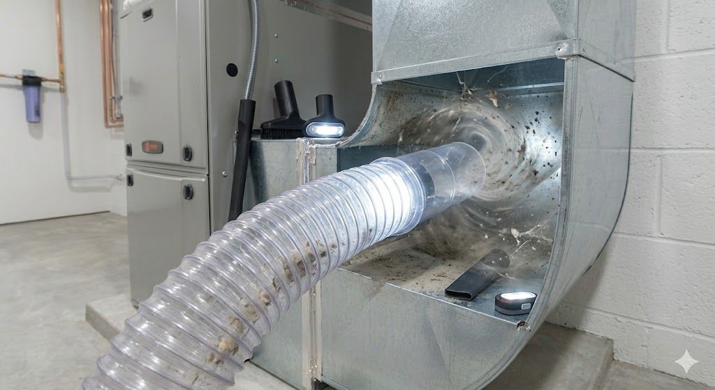 A technician vacuuming inside an HVAC duct with a flexible hose and flashlight.