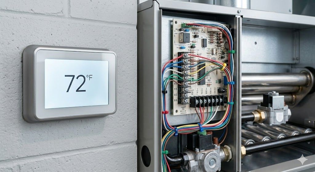 Thermostat showing 72 degrees next to an open furnace unit with wiring and components.